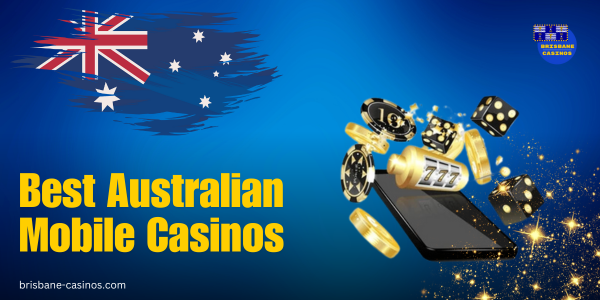 mobile phone with poker chips and dices, australian flag and website logo on blue background