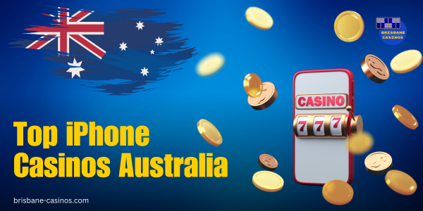 iphone with casino and slot 777, coins, australian flag and website logo on blue background
