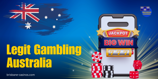mobile phone with poker chips and big win inscription, australian flag and website logo on blue background